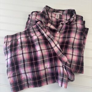 Victoria's Secret Pink/Black Plaid Pajama Set Women’s Shorts & LS Button Down